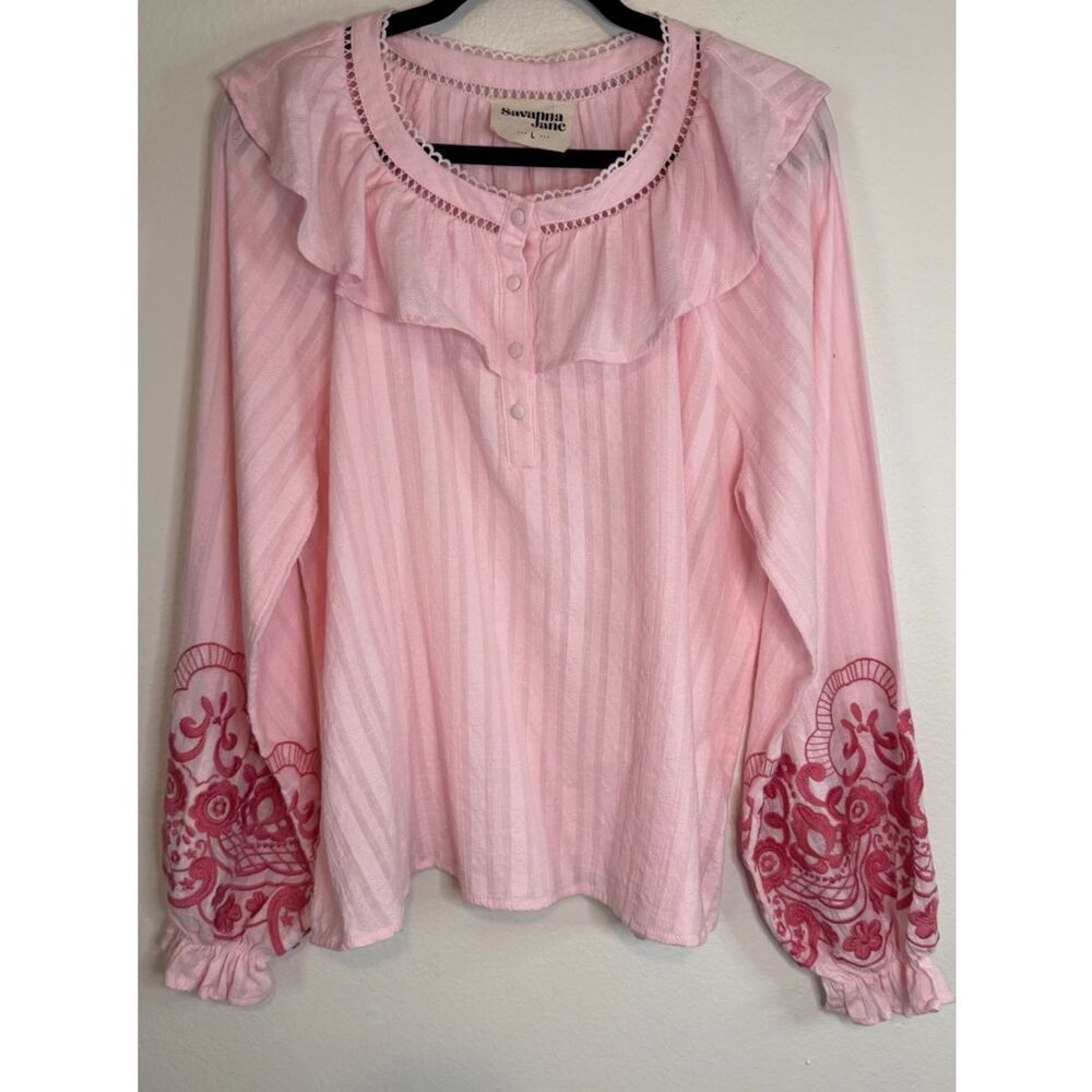 SAVANNA JANE Top Womens Pink Floral Embroidered Sleeves Cottagecore Peasant Lg